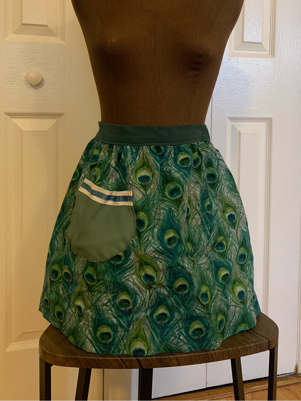 Peacock Print A-Line Apron Skirt - Green